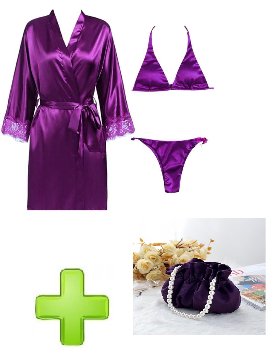 Women 3 Piece Sexy Nighty Sleepwear Silk Satin night dress Lingerie Set With Robe and Short Gown Bridal for Ladies and Girls for Night Wear Bra-Purple with Amazing Purse