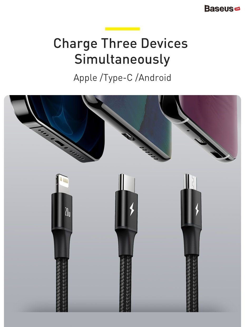 Cáp sạc PD20W Baseus Rapid Series 3 in1 ( Type C to Type C / Lightning/ Micro USB ) Fast Charging & Data Cable dài 1.5m