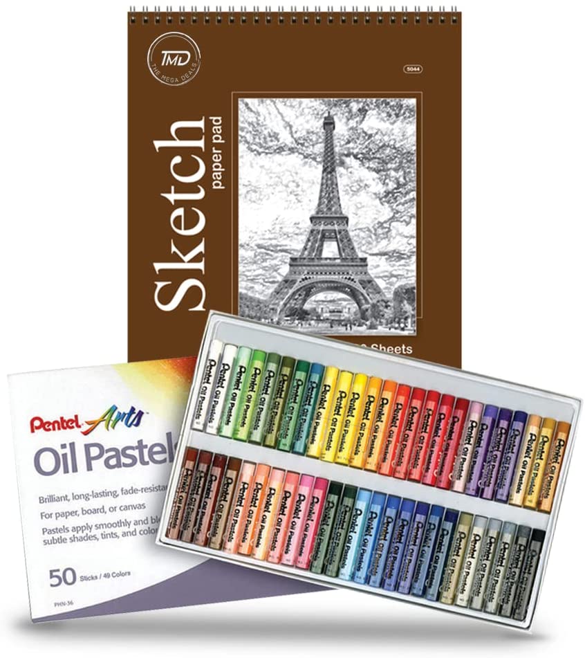 Oil Pastels, 50 Color Set and Pastel Pad, 9"x12" Spiral Bound 30 Sheets