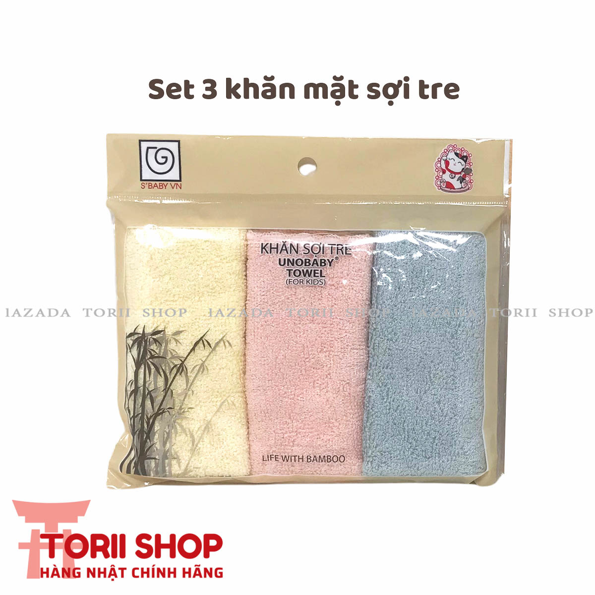 Set 3 khăn mặt S'Baby Unobaby 25x25 cm set 3 sợi sồi và set 3 sợi tre thấm hút nhanh, thoáng khí, mềm mại