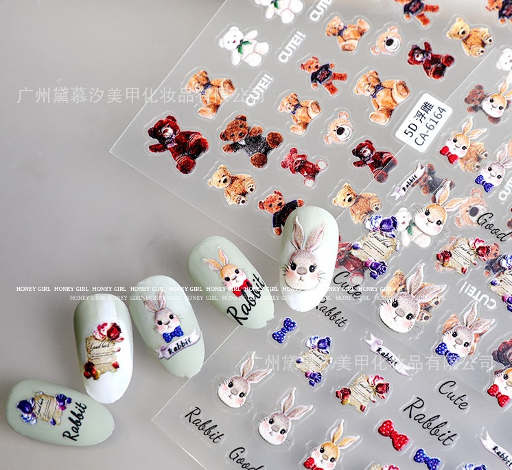Sticker Nail 5D Lụa Nổi | Gấu TEDDY & Thỏ | Hình Dán Móng Tay CA