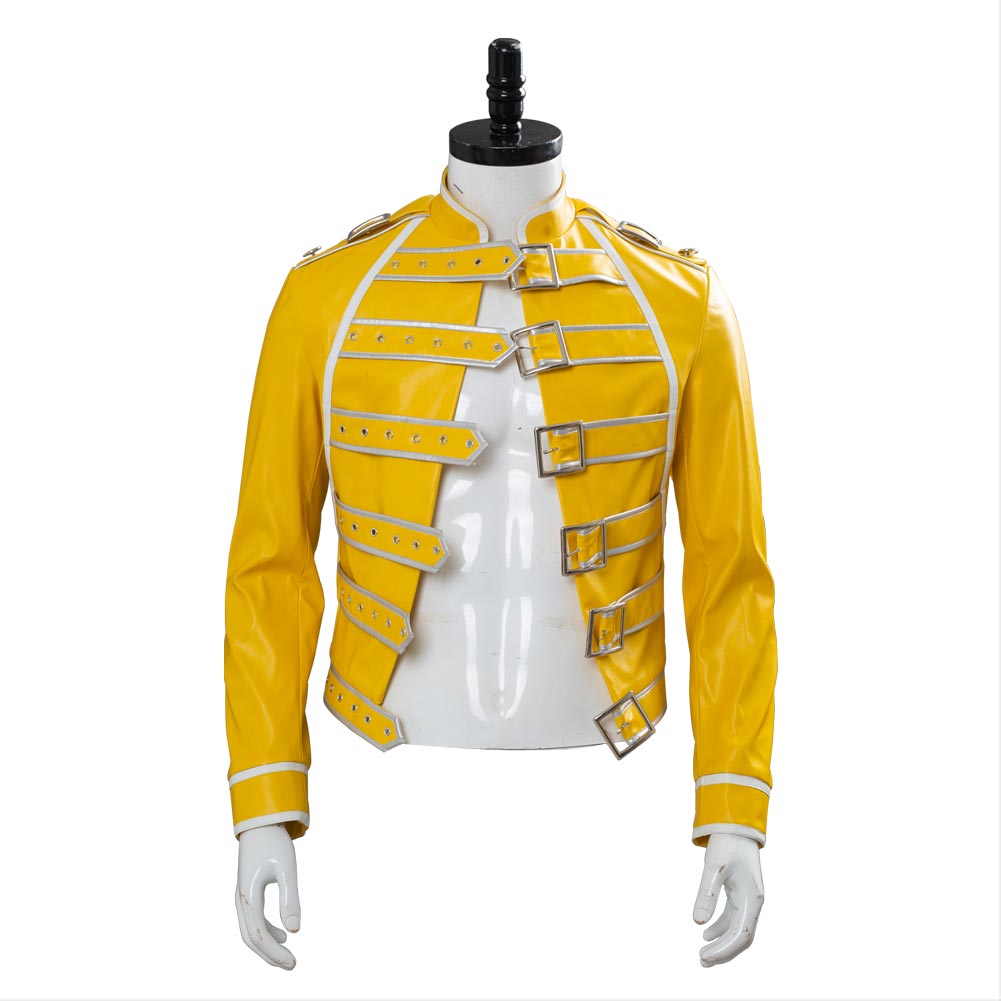 Queen Lead Vocals Freddie Mercury Cosplay Costume Adult Men Women Yellow  Jacket Coat Halloween Carnival 