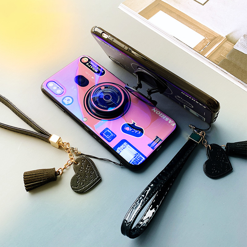 Gloden tree For Huawei Nova 8i Lite Case Camera Pattern + Stand + Beautiful Tassel Hand Strap Protective Back Cover Couple Cases