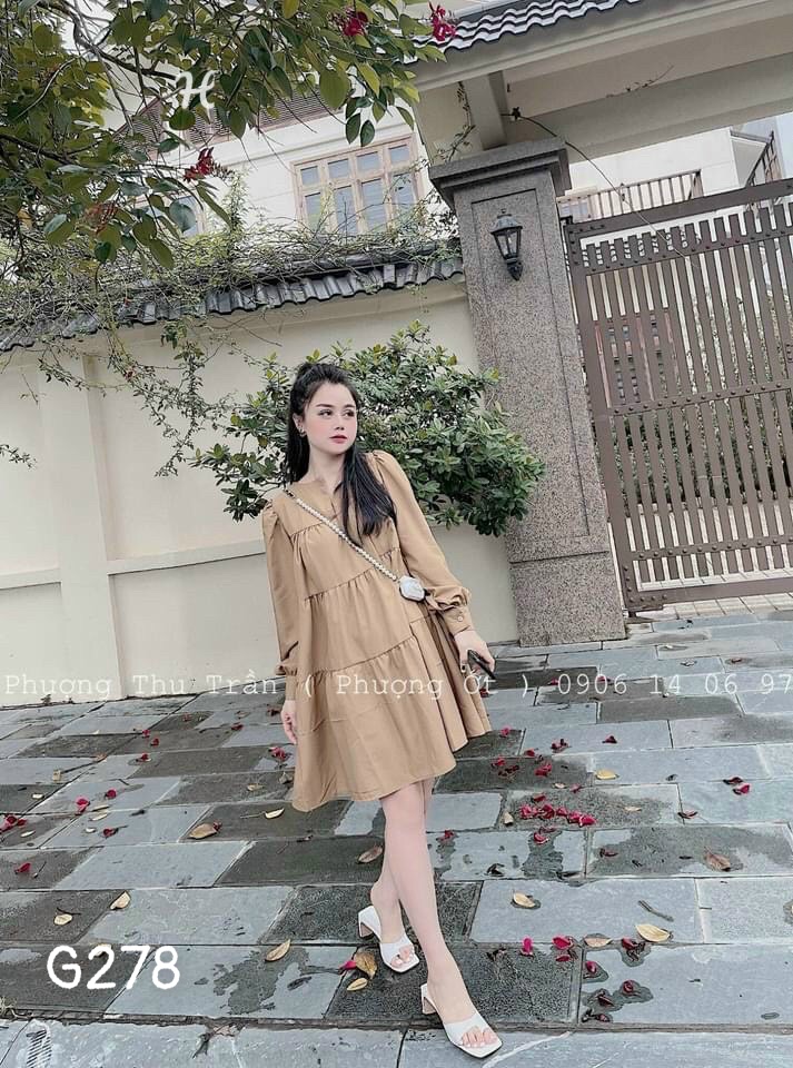 Đầm vintage baby doll dáng xoè cổ bẻ tay dài voan lụa g278