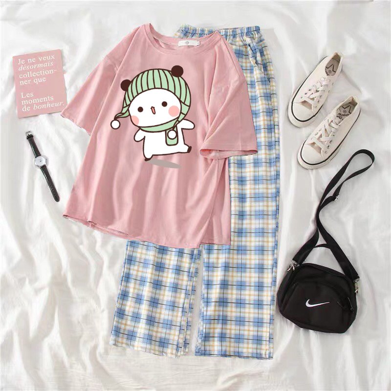 SÉT ÁO GẤU ĐỘI MŨ KÈM QUẦN KẺ SIÊU CUTE