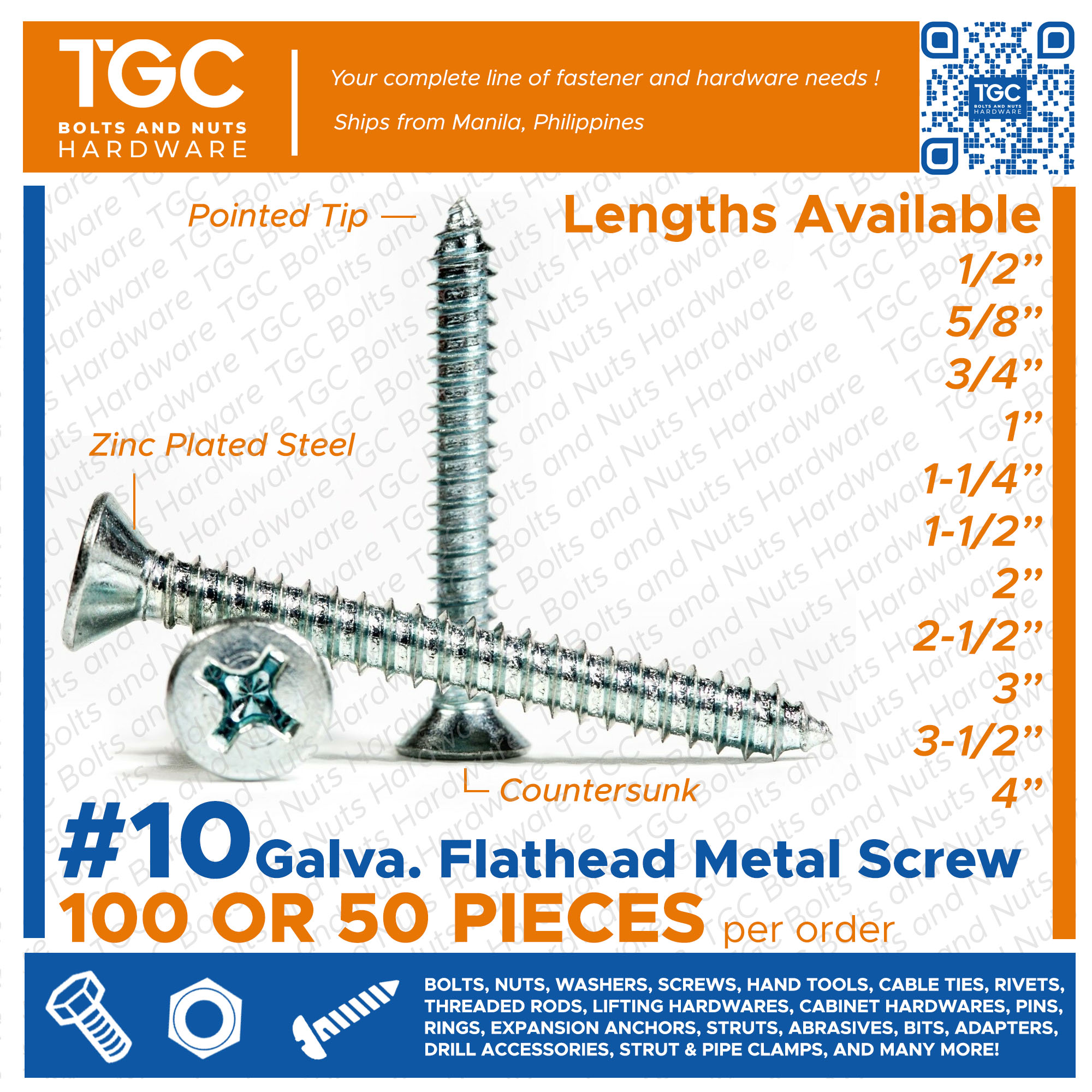 TGC 100PCS # 10 x 1/4~4 inches long Flat Head Metal Screw | GI ...