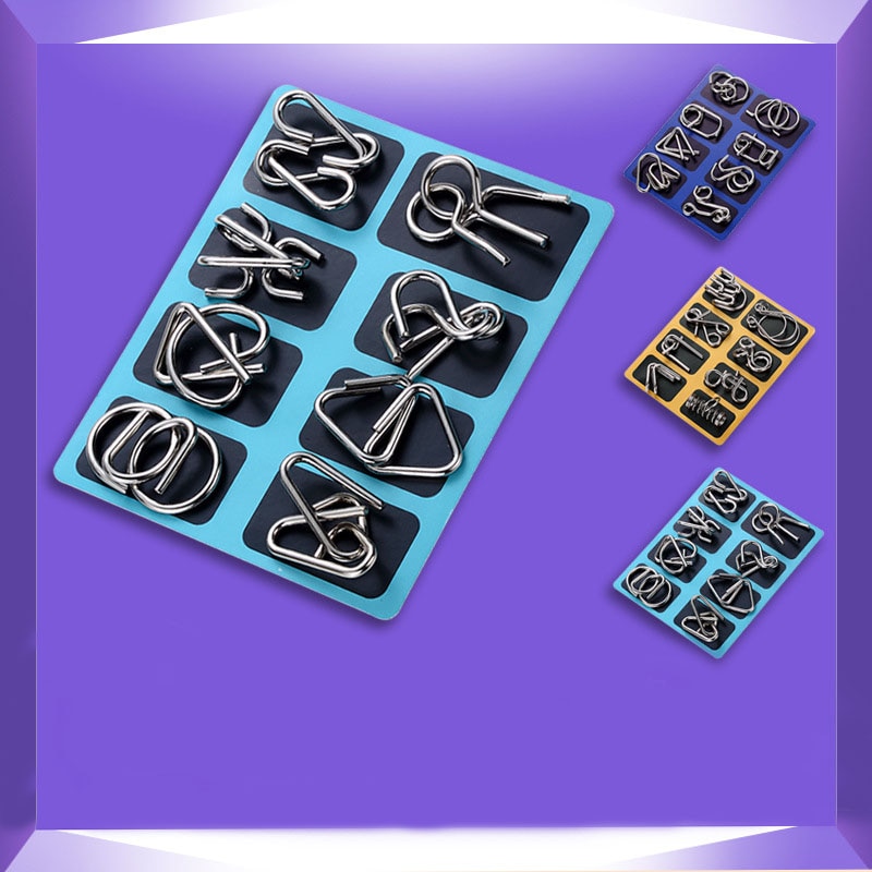 8PCS/Set IQ Metal Puzzle Brain Teaser Intelligence Solution Ring Montessori Puzzles for Children Adults Anti-Stress Fidget Toy