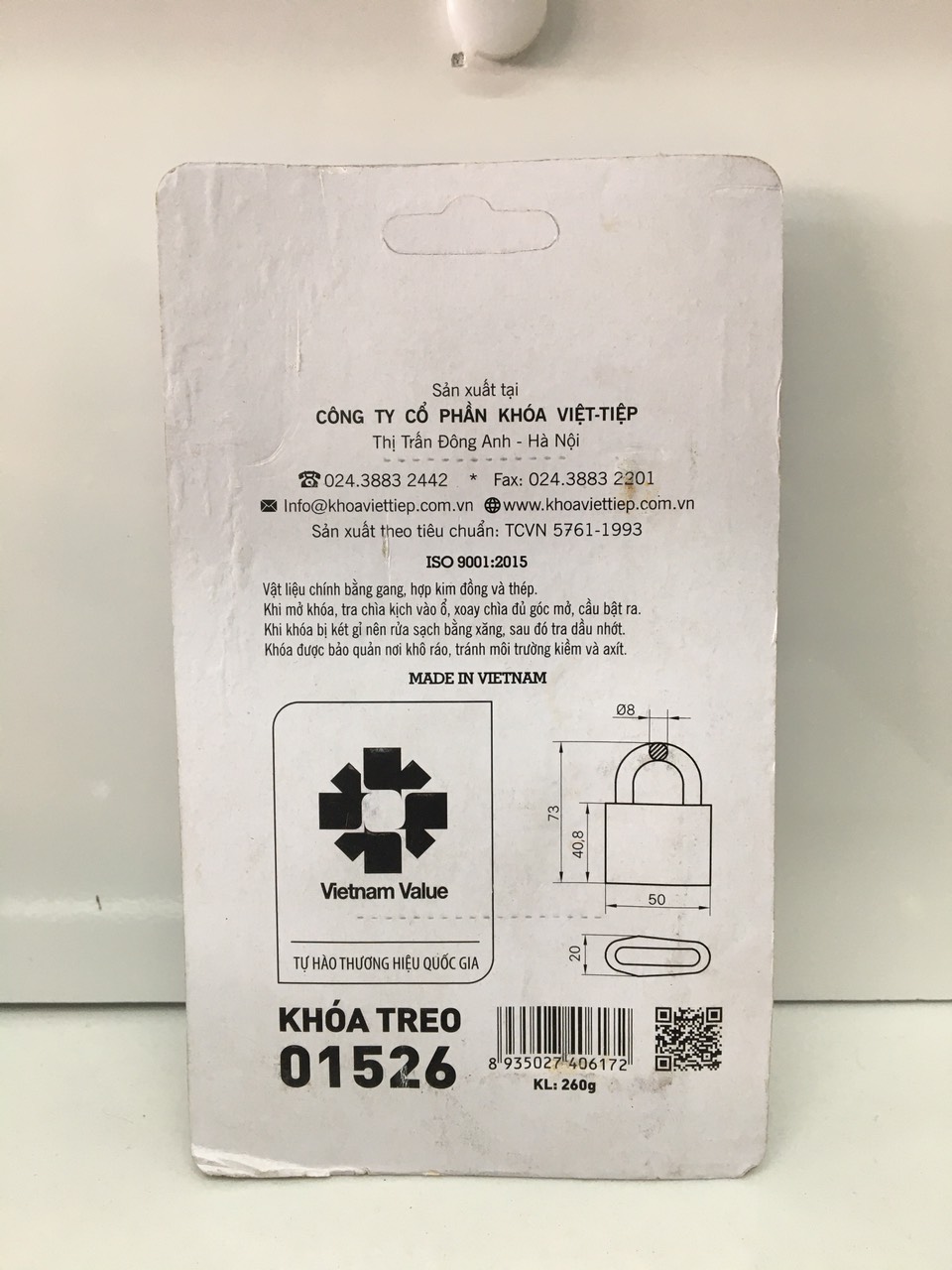 Khóa treo Việt Tiệp gang đen 01526, phi 8