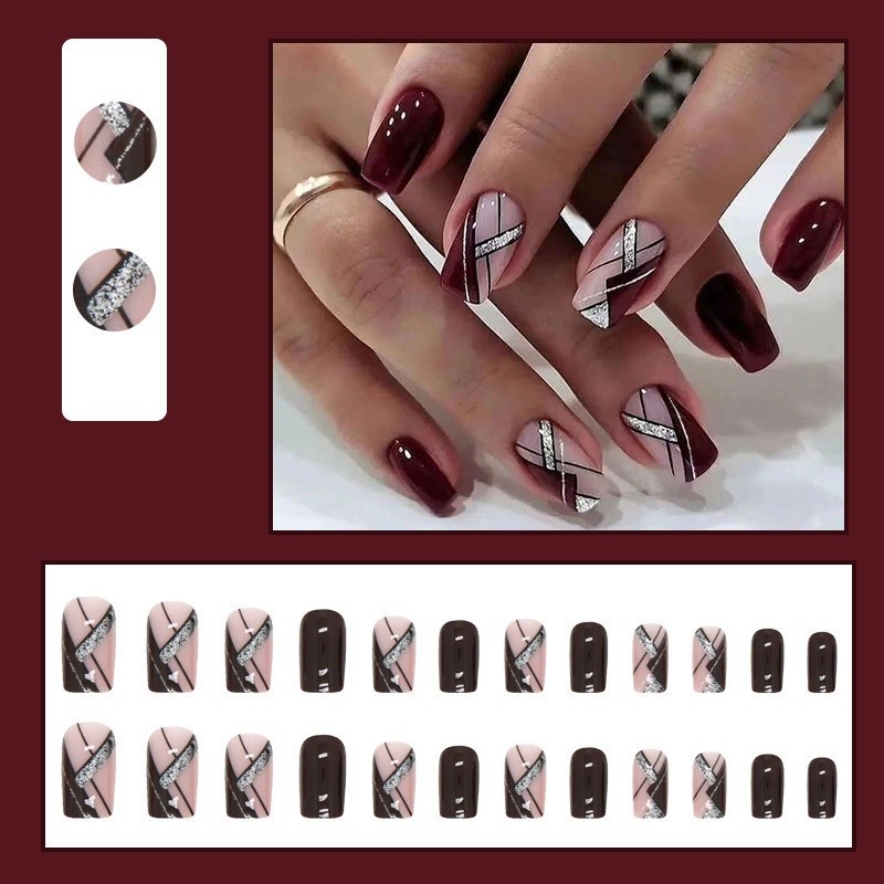 BTS 【WITH GLUE】24Pcs Fake Nails Pattern French False Nails Wearable Press on Nails Artificial Nails.