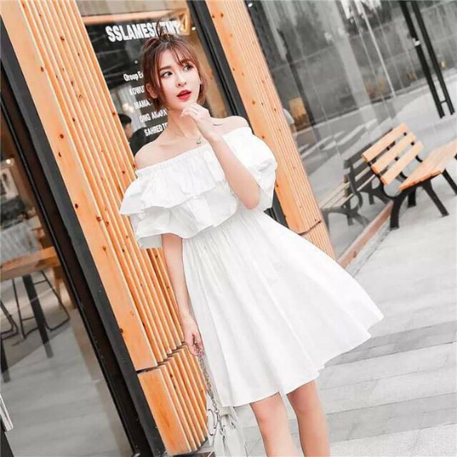 [ SIÊU HOT + FREE SHIP ] Váy trễ vai siêu xinh vải lụa mềm mịn tôn dáng