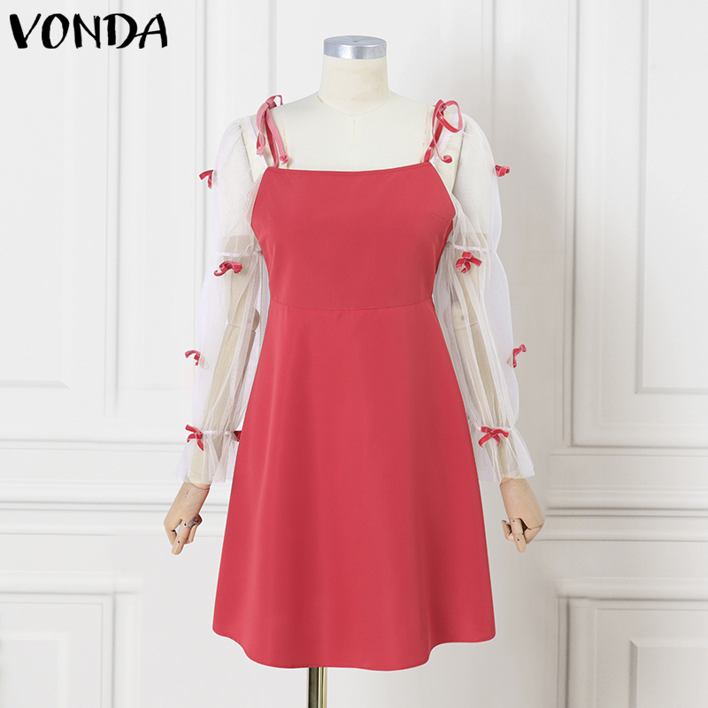 VONDA%20Women's%20Girlish%20Lantern%20Sleeve%20Contrast%20Color%20Dress%20Bowknot%20A-Line%20Versatile%20Daily%20Sundress%20(Korean%20Causal)%20-%20Image%205