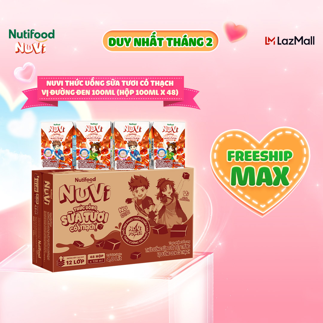 NuVi Thức Uống Sữa Tươi Có Thạch Vị Đường Đen 100ml (Hộp 100ml x 48)