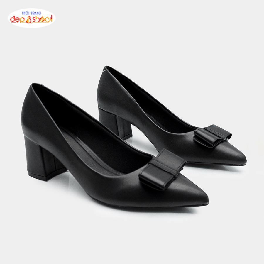 Giày cao gót phối nơ gót vuông 5 phân Big Size 42 43 Thời trang Depvashock MS H11