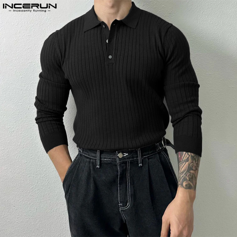 INCERUN Mens Long Sleeve Formal Casual Lapel Tops Leotard Plain Knitted Sweater Button Up Pullover (Korean Style)