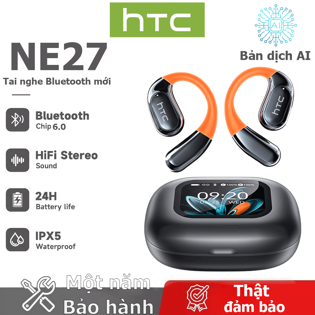 HTC NE27 AI Dịch thuật thời gian thực Tai nghe BluetoothTWS Bluetooth 6.0 Chất lượng âm thanh HiFi IPX5 Tai nghe không dây chống nước Bảo hành một năm