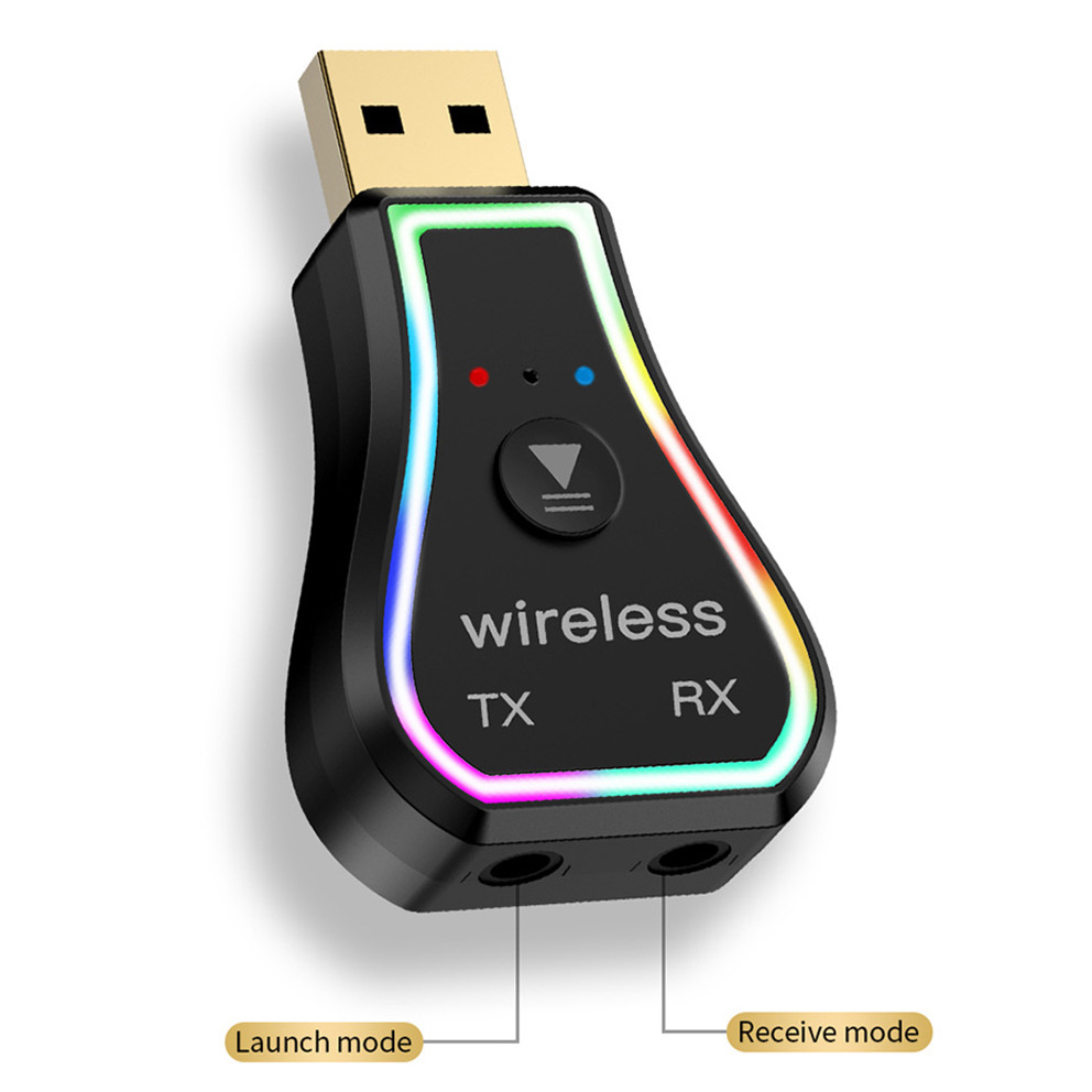 VAORLO 2 in 1 Bluetooth 5.0 Receiver Transmitter Plug and Play Stereo Music Wireless Audio Adapter Colorful Light BT Car Receiver With Mic For T V PC Speaker