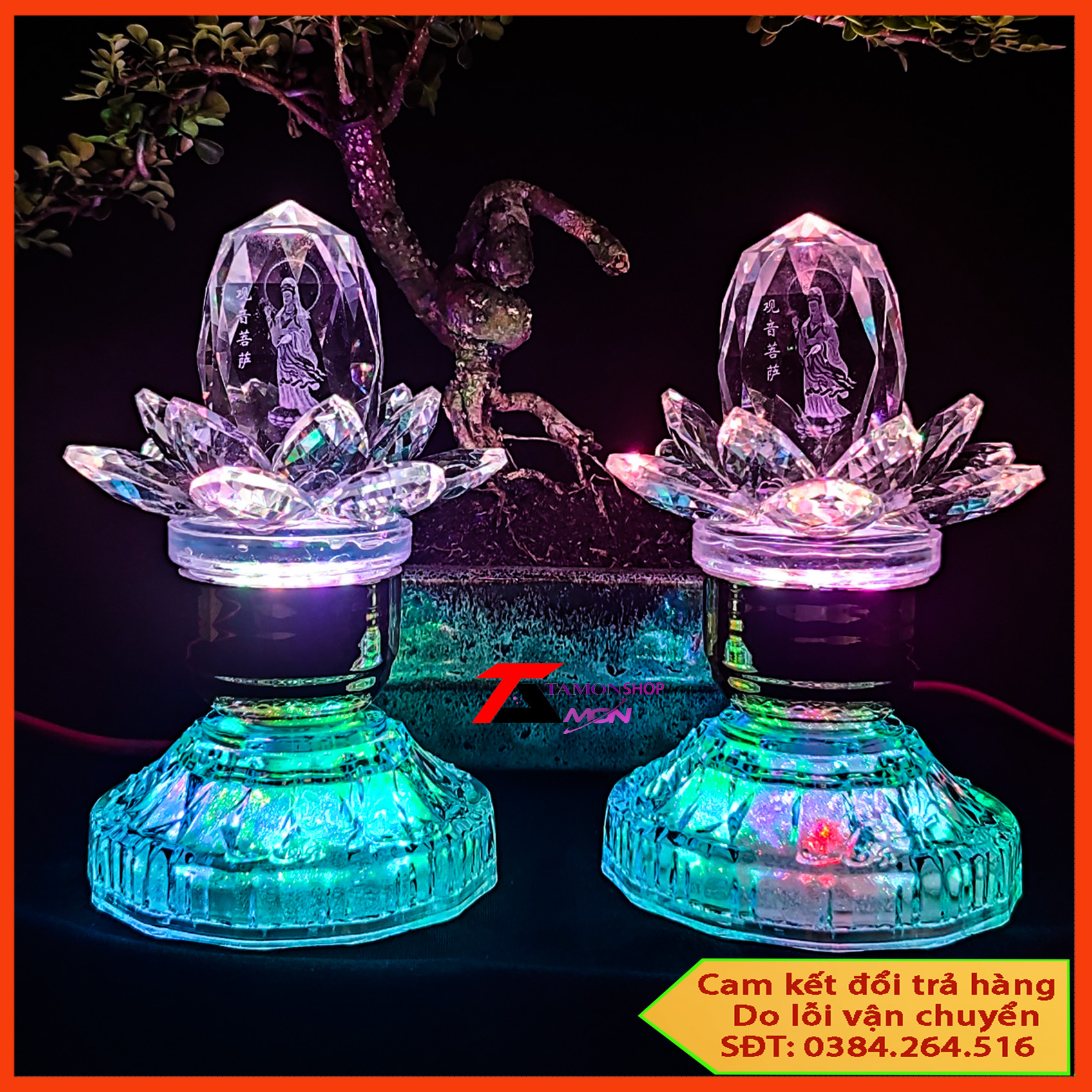 Cặp đèn thờ hoa sen pha lê nguyên khố, có tượng mẹ quang âm đứng, thờ phật mẹ quan âm , trưng tủ thờ