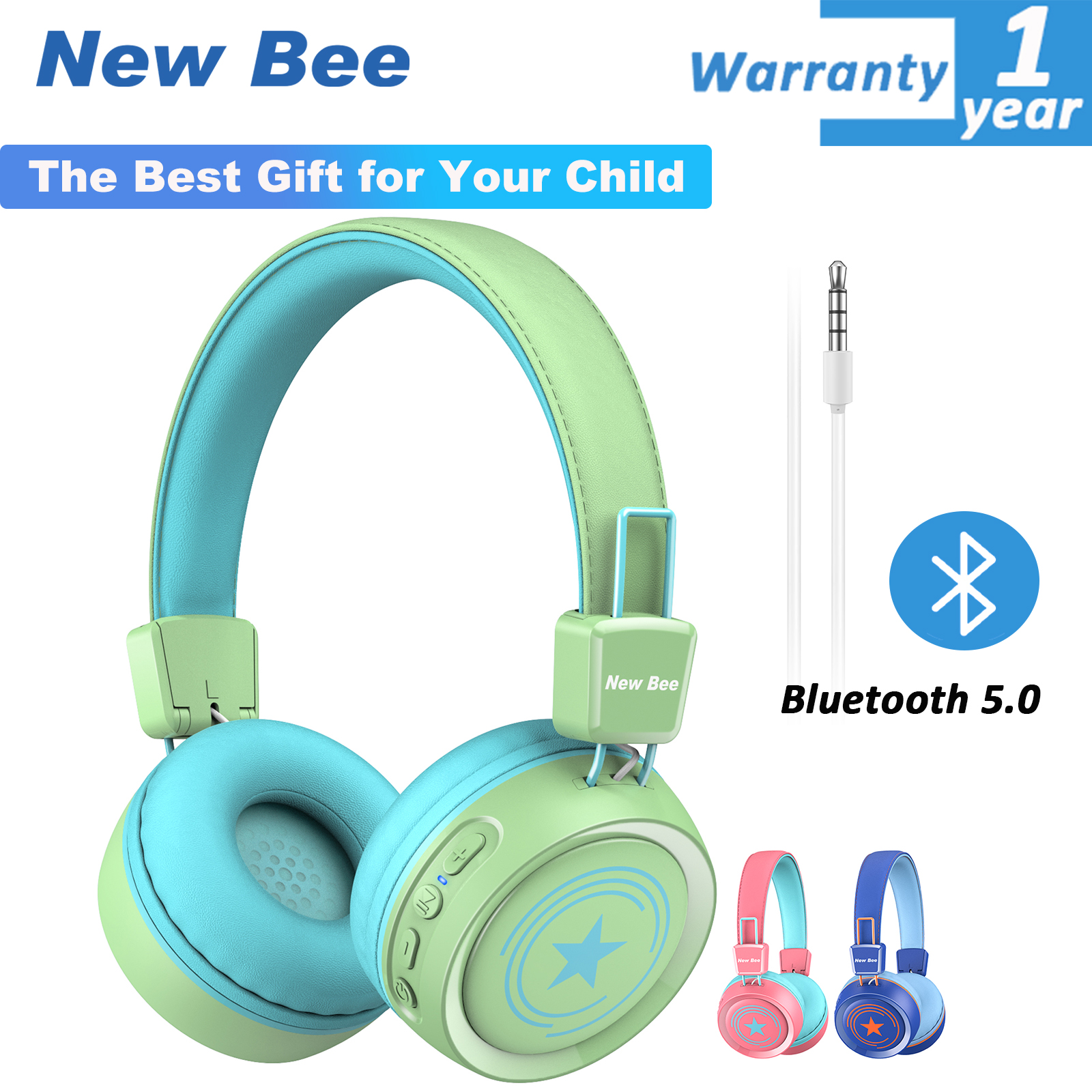 New Bee KH21B Tai nghe không dây 32H Playtime Bluetooth 5.0 Tai nghe không dây cho trẻ em với Microphone HD Stereo Tai nghe có thể gập lại cho PC Điện thoại di động Học tập Du lịch Kids Bluetooth Headphone thumbnail
