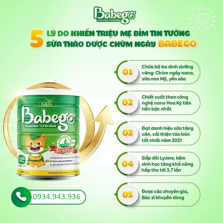 HOT SỮA CHÙM NGÂY BABEGO 800 GRAM 12-36 THÁNG
