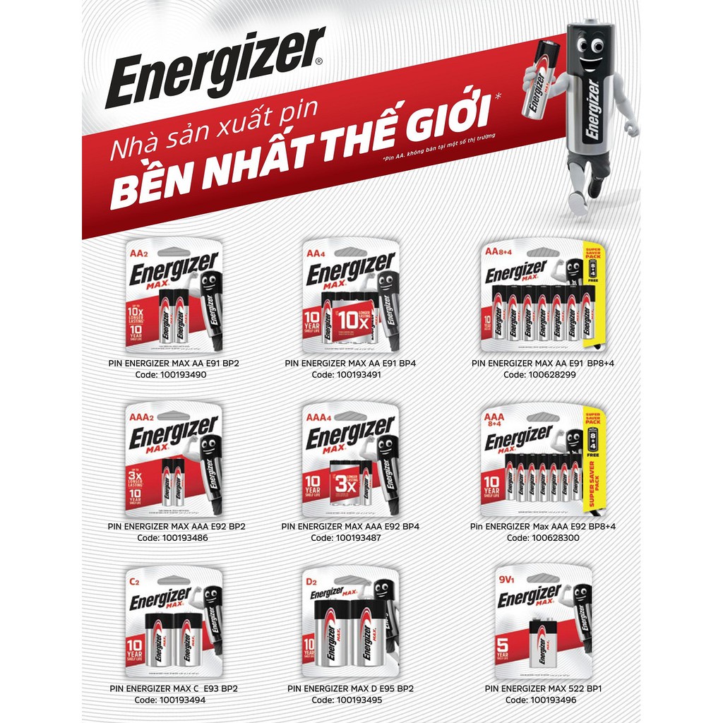 Pin AAA Energizer Max E92 BP2+1 - Vỉ 2 Tặng 1