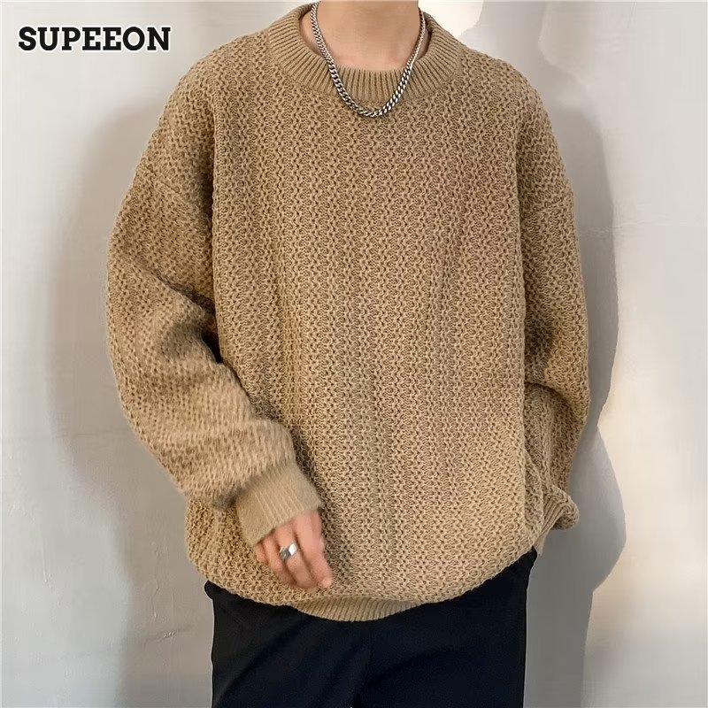 SUPEEON Men s round neck Japanese solid color sweater Plus size knitted top