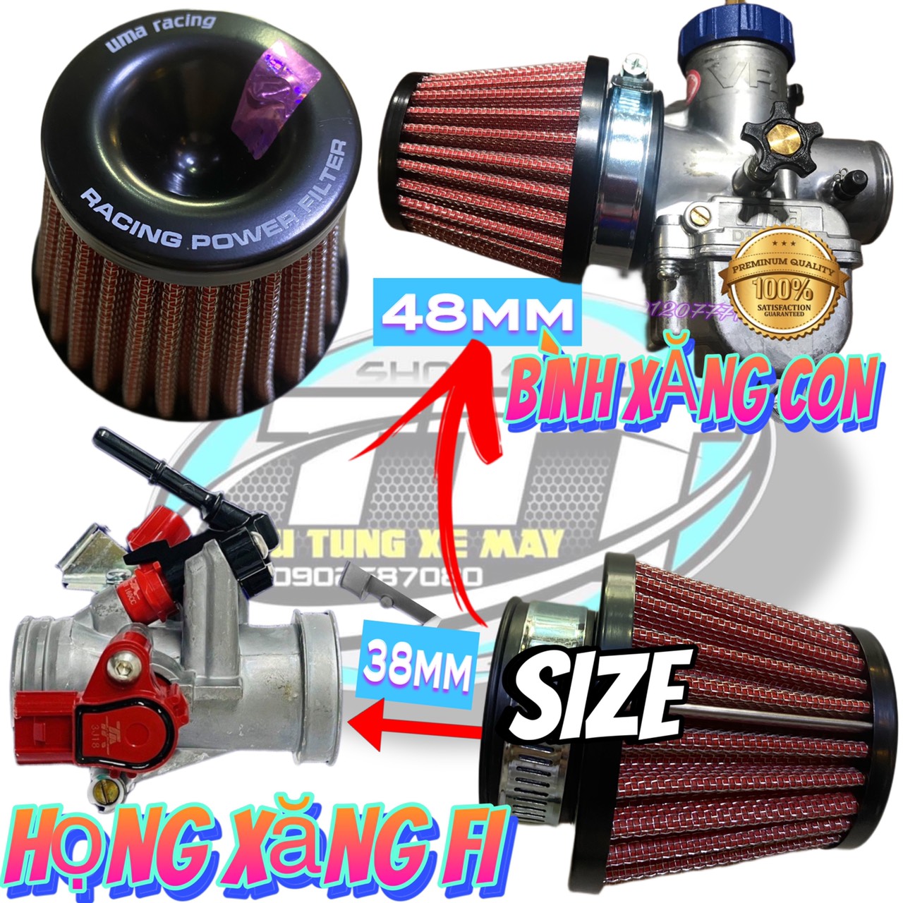 Lọc gió pô e UMA RACING HÀNG CHÍNH HÃNG ( Air Filter TRỤ Ú 35 - 38 - 48 MM  ) LZD-01