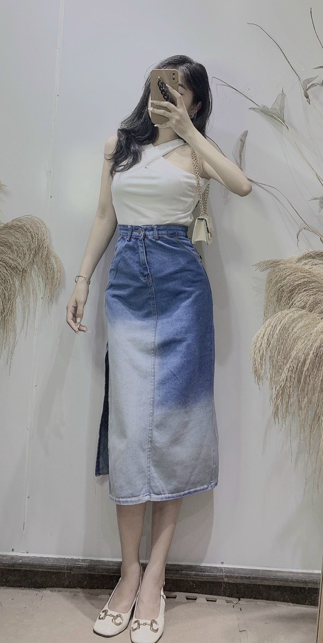 Chân váy bò loang dài xẻ tà siêu hot hothit
