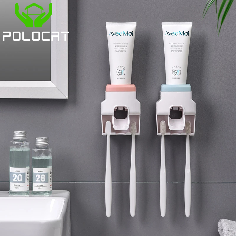 Polocat Wall Mount Tự Động Kem Đánh Răng Dispenser Phụ Kiện Phòng Tắm Không Thấm Nước Lười Biếng Kem Đánh Răng Bàn Chải Đánh Răng Ép