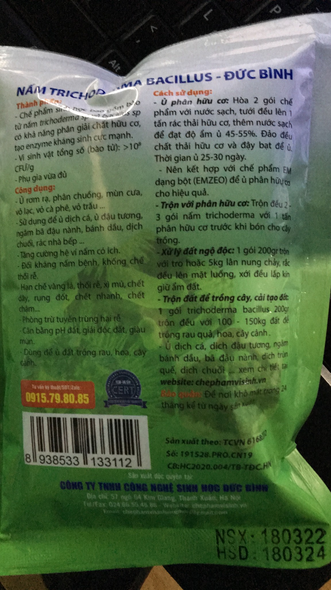 Chế phẩm sinh học Trichoderma Bacillus Đức Bình gói 200gr