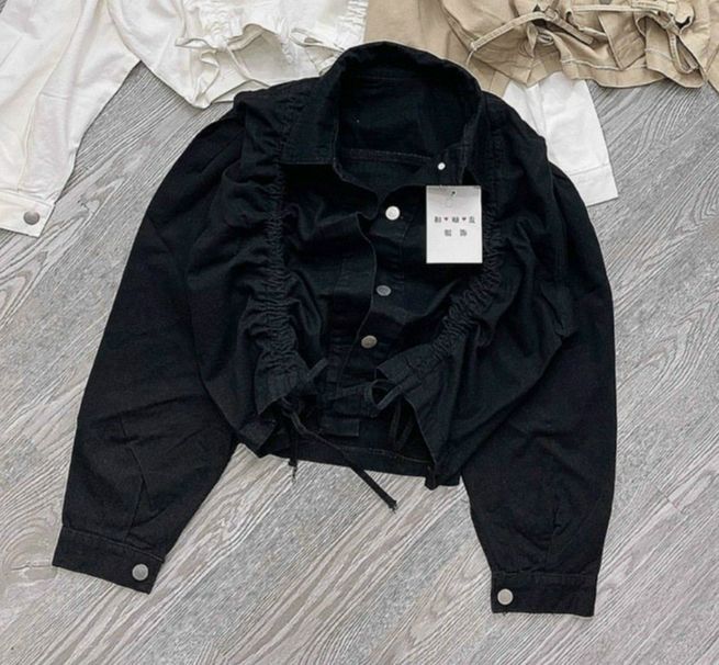 Áo khoác denim jean nữ buộc dây rút áo khoác ngắn tay cổ bẻ màu trơn cho nữ áo cổ điển hàn quốc