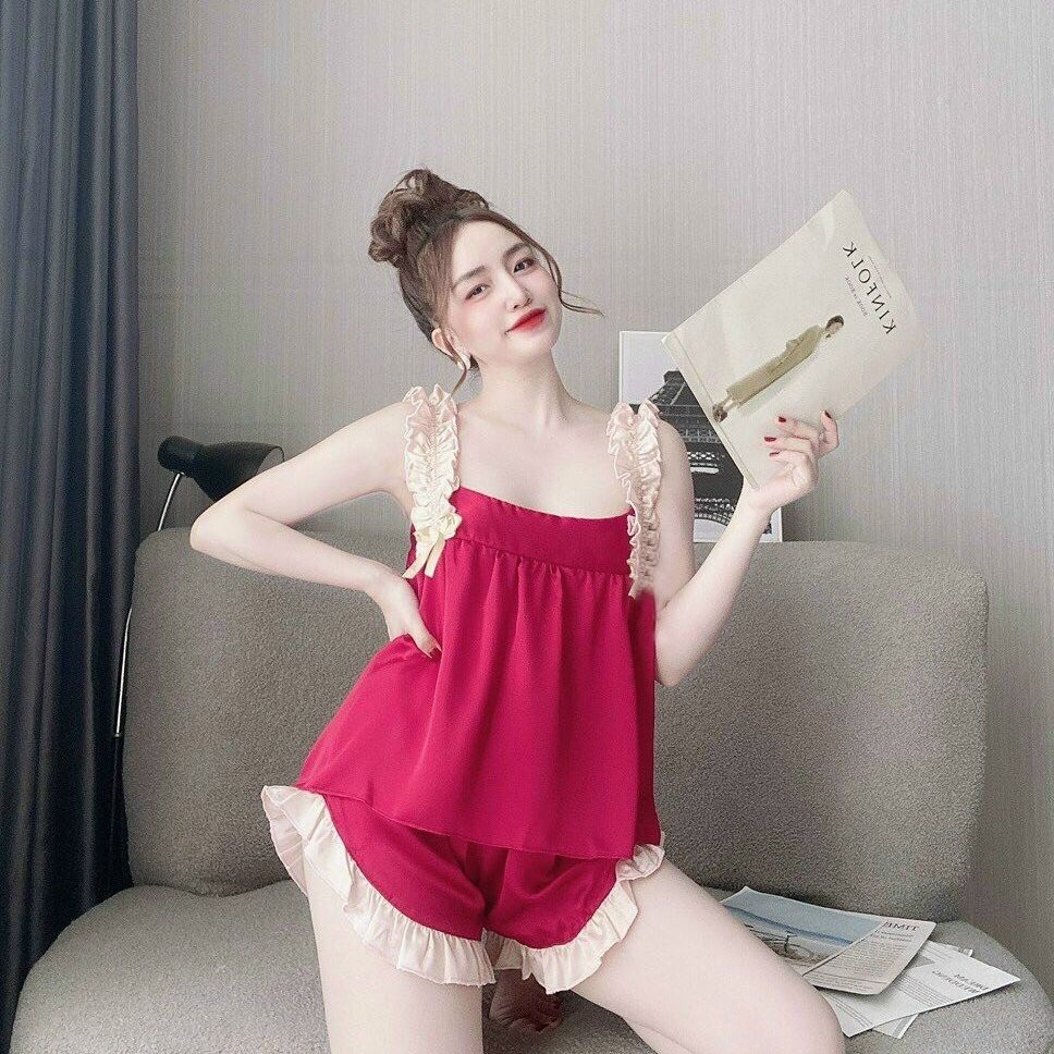 Set đồ ngủ hai dây sexy co giãn Bộ ngủ 2 dây mát lạnh lụa satin loại 1 mềm mịn Freesize dưới 60kg