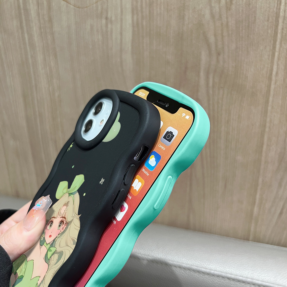 Jizetin for Realme C11 C15 C21Y C25Y C20A C2 C3 Realme 2 5i 5S 6i 9i 11 12 Pro+ OPPO A1K F9 Pro Back Cover Green Fairy Princess Pattern Macaron Bright Color Wavy Shape Soft Mobile Phone Cases.