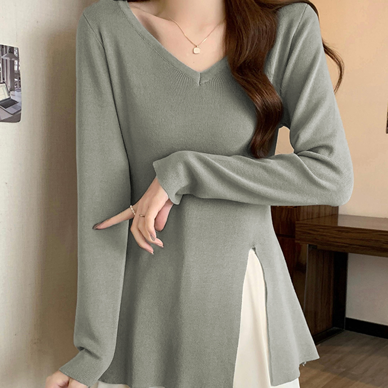 Solid Color V-Neck Petal Sleeves Knit Sweater