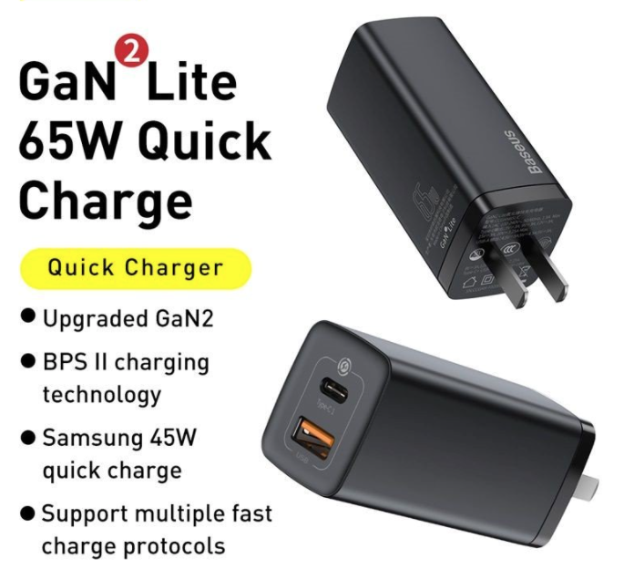 Củ Sạc Siêu Nhanh, Nhỏ Gọn Baseus GaN2 Lite Quick Charger 65W ( Type-C + USB Port)