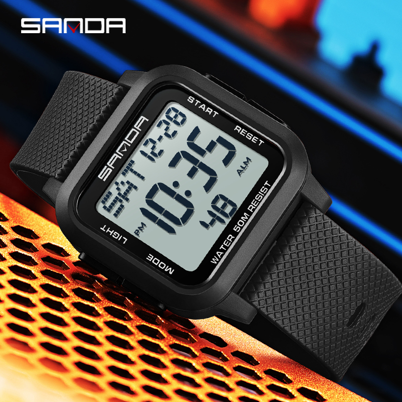 Sanda Square Solid Color Watch Retro Trendy Night Light Waterproof Electronic Men's Watch SD2194-4.
