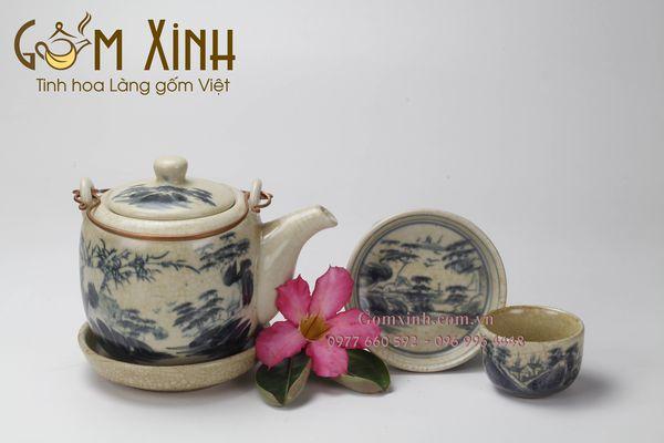 Bộ ấm chén Bát Tràng men rạn giả cổ dáng Vại