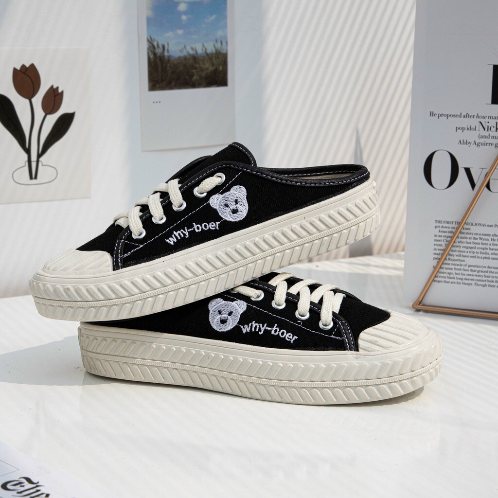 Giày Sục thể thao nữ cột dây thêu gấu ngộ nghĩnh đáng yêu - Form rộng