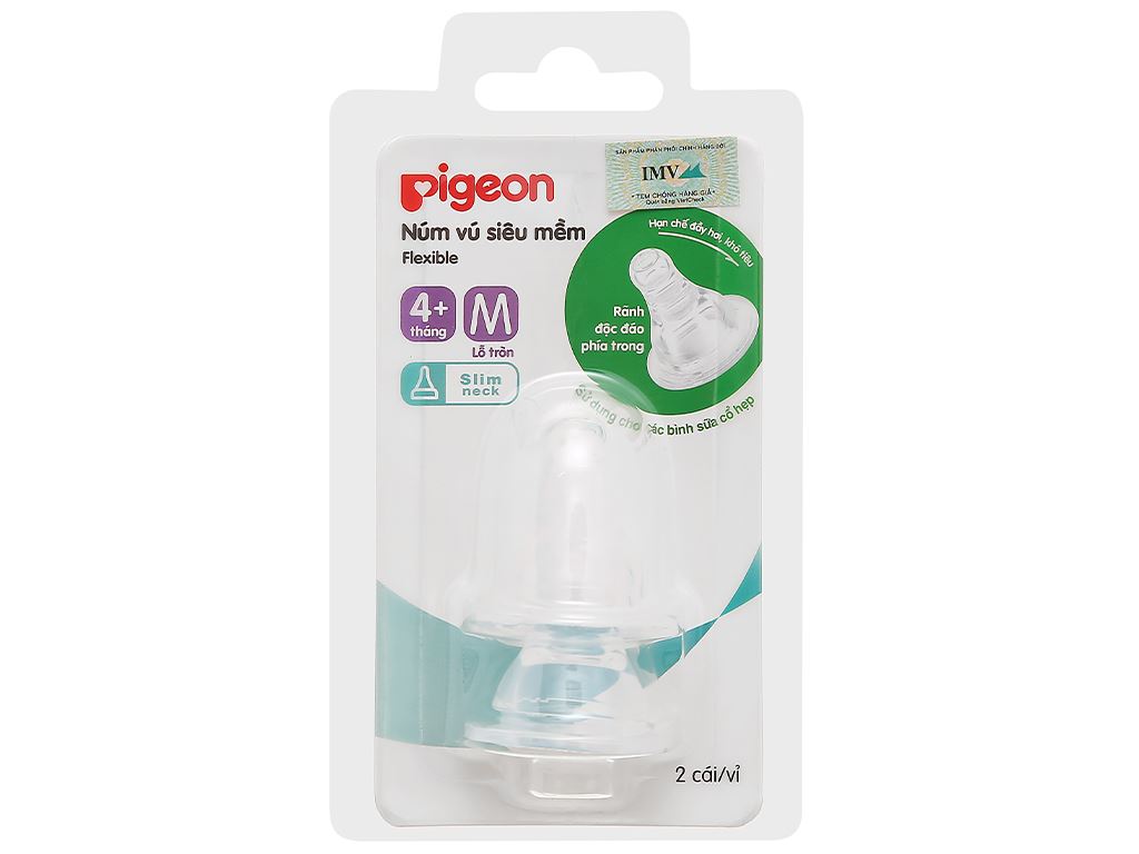Núm ty thay thế bình sữa Pigeon silicone siêu mềm cổ hẹp size M - 2 cái/vỹ - num ti binh sua num vu thay binh sua co thuong