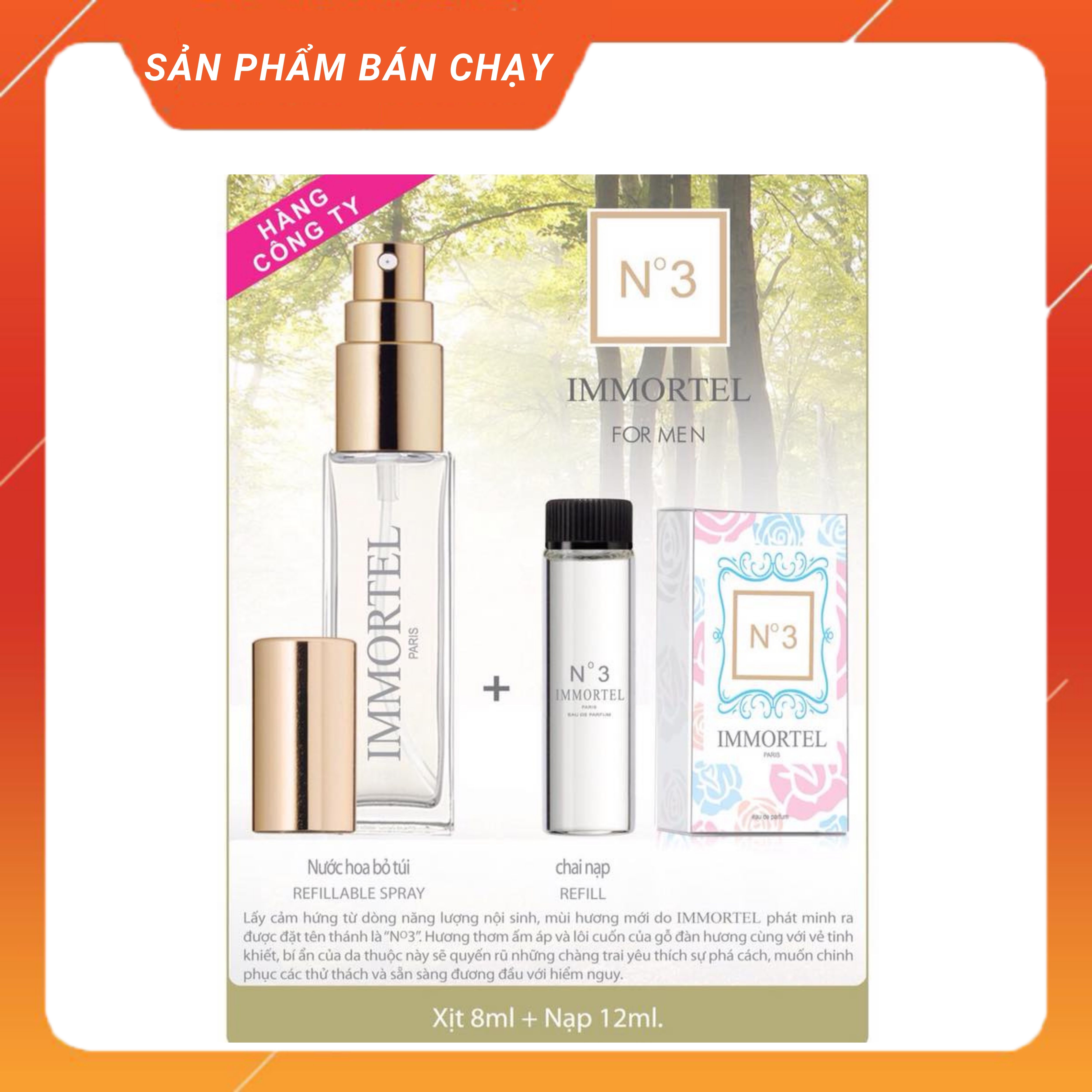 Nước Hoa IMMORTEL No 3 (GỒM CHAI XỊT 8 ml + CHAI NẠP 12 ml) Eau De Parfum