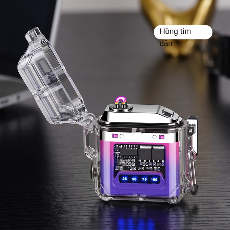 Miễn phí vận chuyển ---vỏ trong suốt có màn hình hiển thị nguồn LED Đèn pin plasma bật lửa điện tử chống thấm nước và chống gió