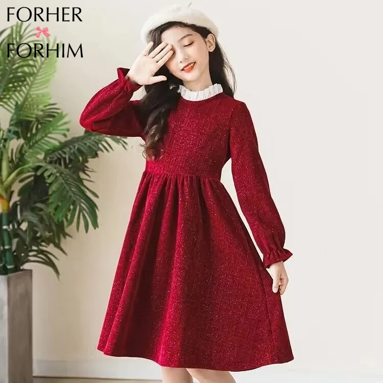 Forherforhim girls' dress winter new children's fashion princess dress winter dress little girl new year dress red style dress f225