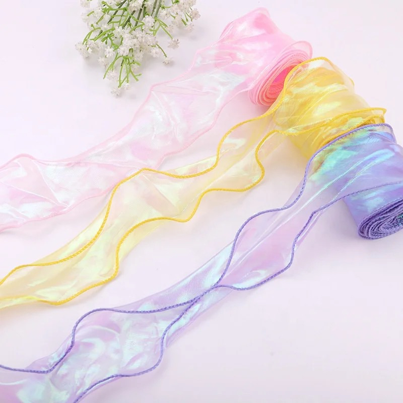 Ruy băng voan 4cm viền sóng màu cầu vồng