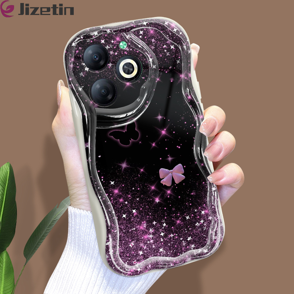 Jizetin for Infinix Smart 8 Hot 40i Spark Go 2024 Spark 20 20C Pop 8 Back Cover Pink Purple Glitter Cream Wavy Edge Soft Silicone Phone Case