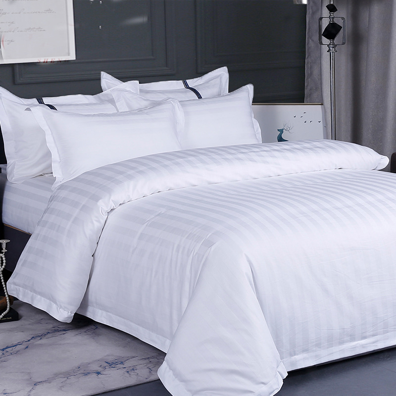 Bộ vỏ chăn cotton ga gối sọc trắng khách sạn 3F, Bộ Chăn Ga Gối Cotton 3F Kẻ Sọc Khách Sạn Màu Trắng