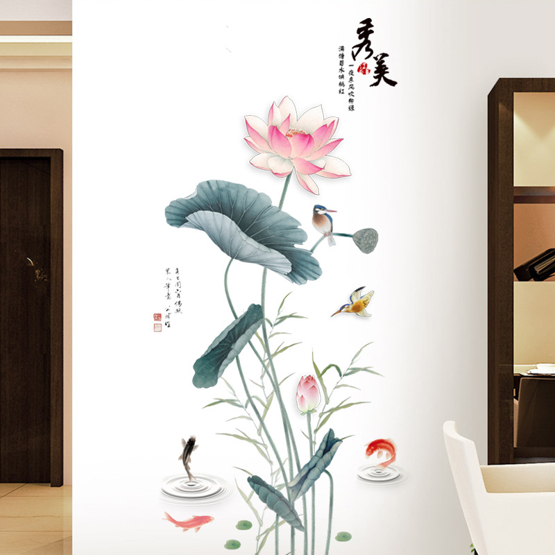 Decal Dán Tường Hoa Sen Chim và Cá