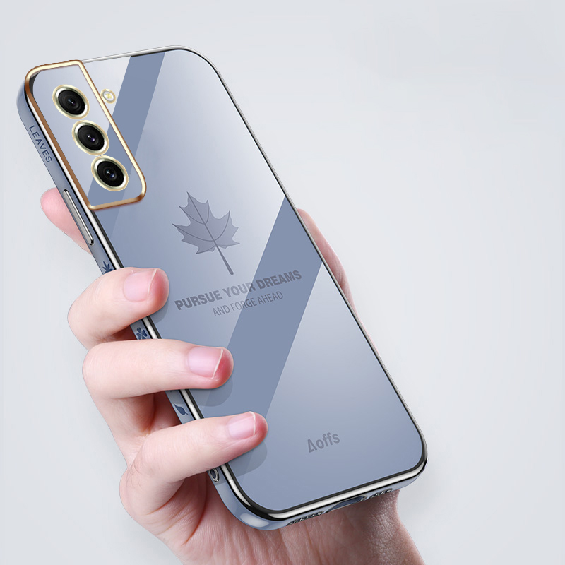 YBD Straight Edge Plating Phone case For Samsung Galaxy S21 FE casing, Precise Camera Protection case Maple leaf pattern cover with Free lanyard