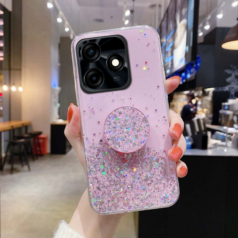 New Phone case Tecno POP 7 8 Pro 5 LTE Cover Glittering Soft Stars Moon Sequins Folding Stand Transparent Silicone Anti Drop Back cover Tecno POP5 LTE POP8 POP7 Pro case. 