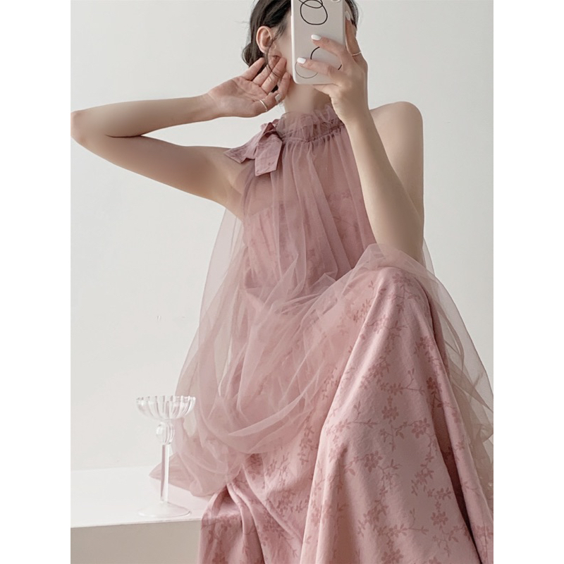 Đầm xòe cổ phong bản màu hồng Romance