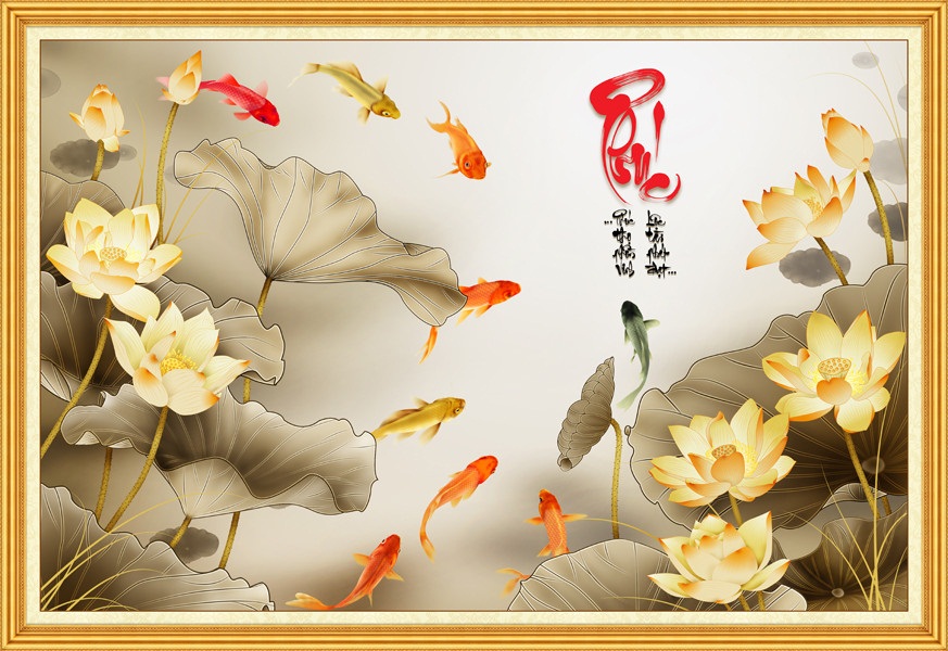 Tranh dán tường phong thủy VTC Cửu ngư quần hội hoa sen chữ Phúc LunaTM-0173N