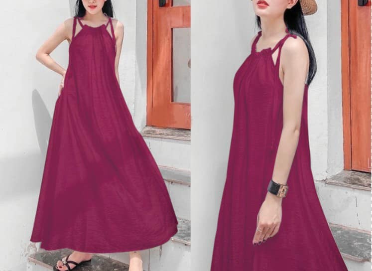 Đầm Maxi cổ yếm buộc nơ